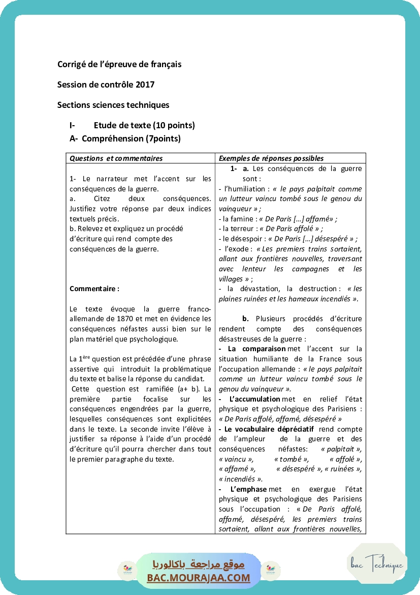 Corrigé controle francais Bac 2017 – Section technique